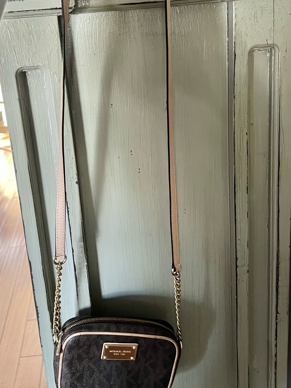 Michael Kors Dark Brown Logo Crossbody with Light Beige Trim